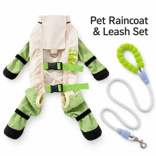 Size M Dog Raincoat and Leash Set - Four-Leg Waterproof Dog Suit with Paw Covers, Open Back Design, Adjustable Straps and Padded Rope Leash