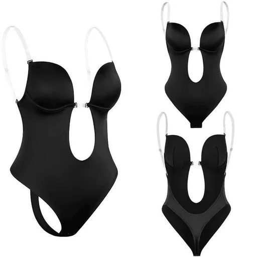 Lingerie Deep U Plunge Seamless Push Up Bodysuit L Black