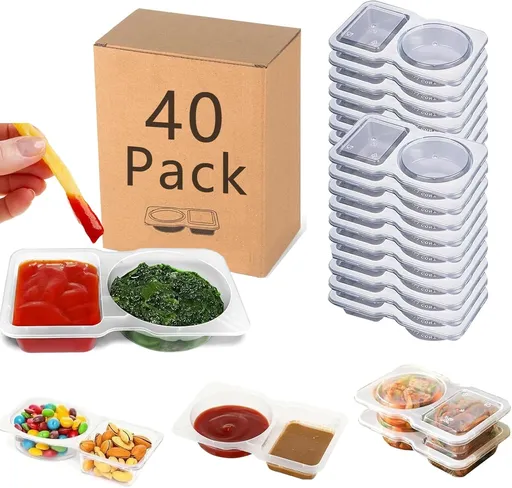 40 Sets Reusable Snack Containers, 2-Compartment Dipping Containers with Lid for Refrigeration, Portion Control, Outdoor Takeaway Sauce Dip Case