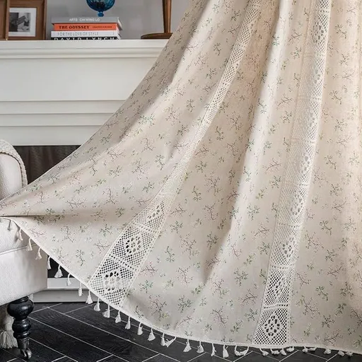 Boho Floral Print Curtain Panel with Lace and Tassel Trim, 150 x 160 cm