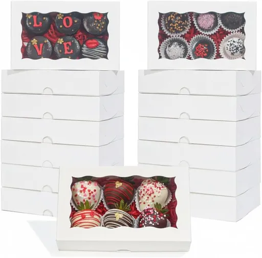 20pcs 7x4.3x2 Inch White Bakery Treat Boxes with Window - Christmas Valentine's Cookie, Chocolate Truffle, Strawberries & Cakesickle Gift Boxes