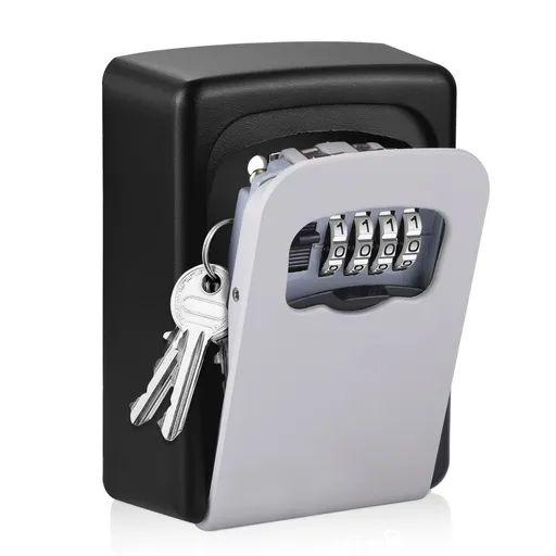 Wall-mounted Key Lock Box, Outdoor 4-Digit Weatherproof Lock Box, Large Capacity Lock Box for 5 Keys, Key Safe Storage Box, Indoor & Outdoor Garage Resettable Combination Lock (Gray)