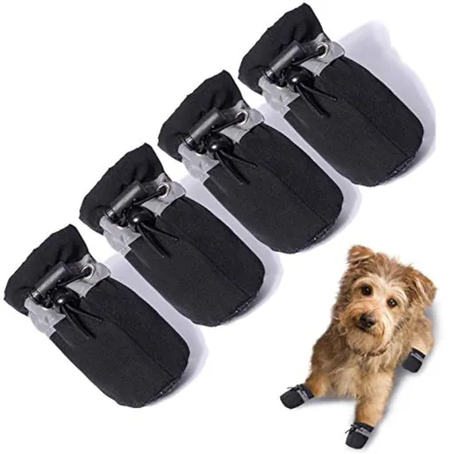 4PCS Dog Boots Paw Protector, Anti-Slip Winter Dog Shoes with Reflective Straps for Small Medium Dogs - Black - Size 4