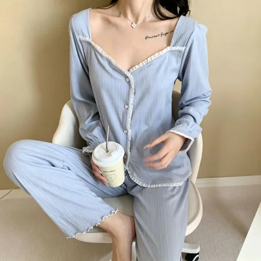 Orchid Lace Trim Size XL | Plus Size Ribbed Lace Pajamas | Christmas Delicate Girly Gift | Long Sleeve Loose Women's Loungewear Set