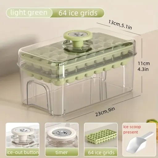 Press-Type 64-Cube Ice Tray Maker with Lid & Scoop Food Grade Quick Release Ice Cube Mold(GREEN)