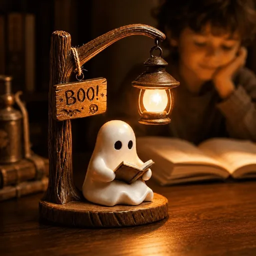 Halloween Lamp, Lighted Vintage Patchwork Ghost Reading Lantern - 3D LED Cute Book Ghost Night Light Statue, Warm Glow Decor Halloween Lamps for Desks, Mantels & Tabletop Display
