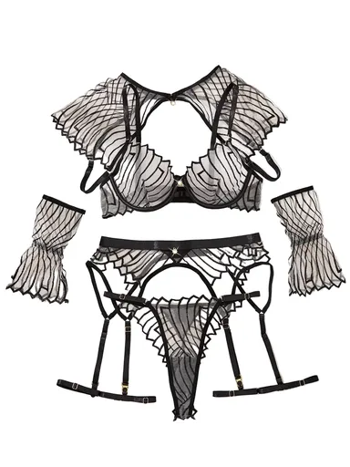 New Perspective Design Embroidered Shawl Garter Belt Sexy Underwear Six Piece Set - Black Skin Color - L