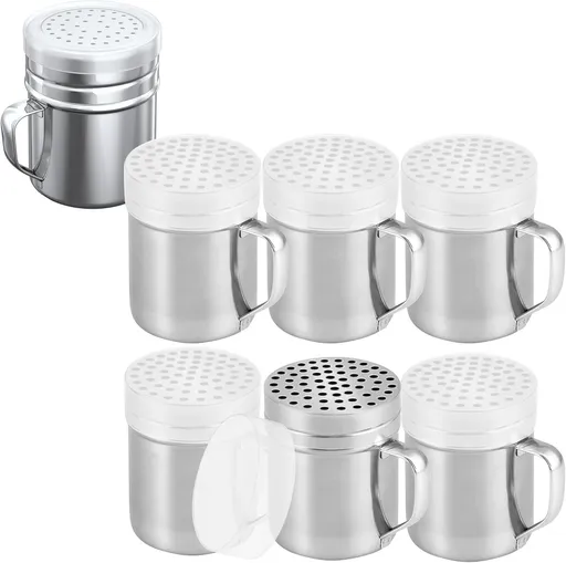[6-pcs] 10 oz Metal Parmesan Cheese Shakers (Large Holes) + [1-pc] 10 oz Stainless Steel Salt Pepper Dredge Shaker - with Plastic Caps & Handles Bundle