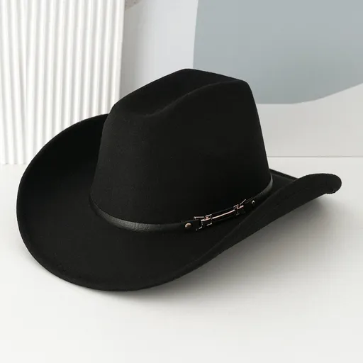 Western Cowboy Hat - Black Wide Brim Cowboy Hat with Leather-Look Band, Metal Rivet and Square Buckle Detail for Casual, Festival and Western Style
