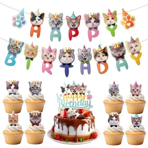 Cat Birthday Decoration Set with 9 Cake Toppers