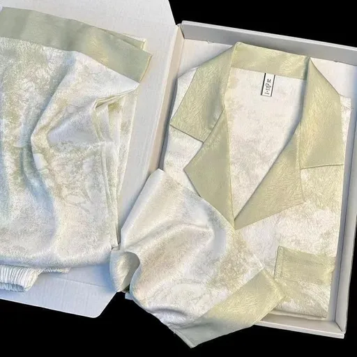 Women Long Sleeve Sleepwear Set Polyester Home Double-length green# twill sand painting M