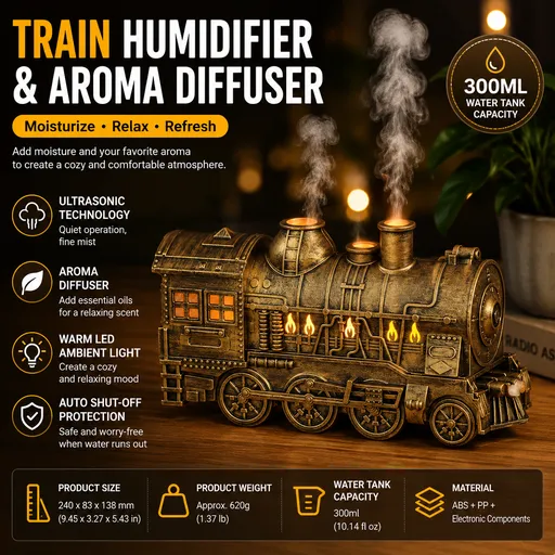 Ultrasonic Aroma Diffuser Retro Train Design 300ml Brass-colored with Jellyfish Smoke Ring LED Night Light for Home Office Bedroom Decor