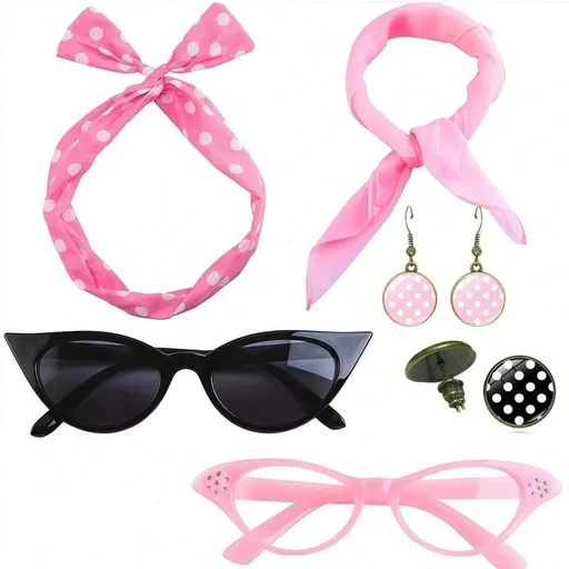 Pink 6 Piece Vintage Polka Dot Party Kit Accessories Set - 1950s Retro Costume with Cat Eye Sunglasses, Headband, Earrings, Studs and Neck Scarf for Cosplay and Themed Events