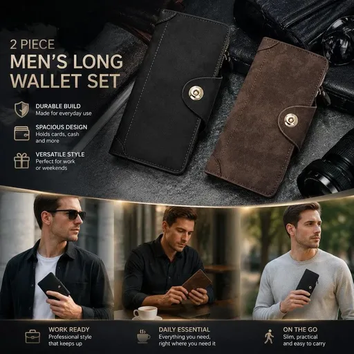 Two-Tone Classic Long Men Wallet 2 Pcs Pack, Magnetic Large-Capacity Hand Clutch, Premium Daily Gifting Option, Black & Coffee