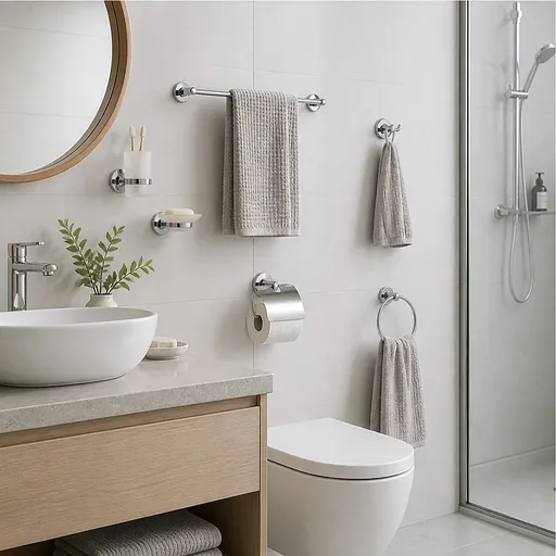 6 Piece Chrome Bathroom Accessories Set Wall Mounted Towel Rail Toilet Roll Holder Robe Hook