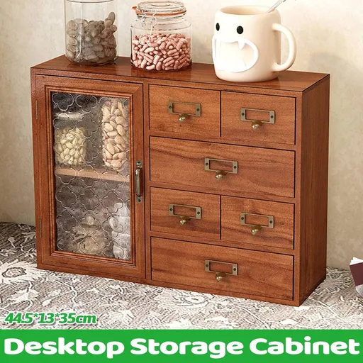 Vintage Wooden Cabinet With Clear Door Desktop Organizer For Jewelry Tea Storage