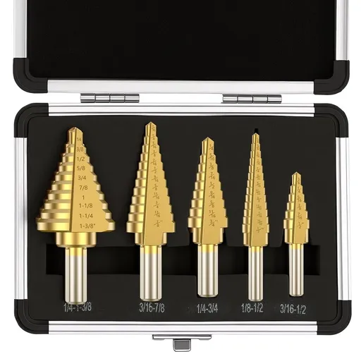 5Pcs Titanium Coated Step Drill Bit Set with Automatic Center Punch 3/16" to 1-3/8" 50 Size High Speed Steel Cone Drill Bit for Metal Wood Plastic with Aluminum Storage Case