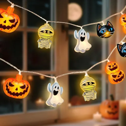 Halloween String Lights Indoor: USB-Powered Pumpkin Ghost Cat Lighted Decorations – Waterproof for Window Porch House Room Bedroom Party Decor - Multi-color - Size 9.84 FT 20 LED