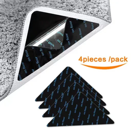 8 Pack Triangular Rug Grippers, Washable Reusable Non-Slip Carpet Corner Pads for Rugs, Mats and Floor Coverings, Black