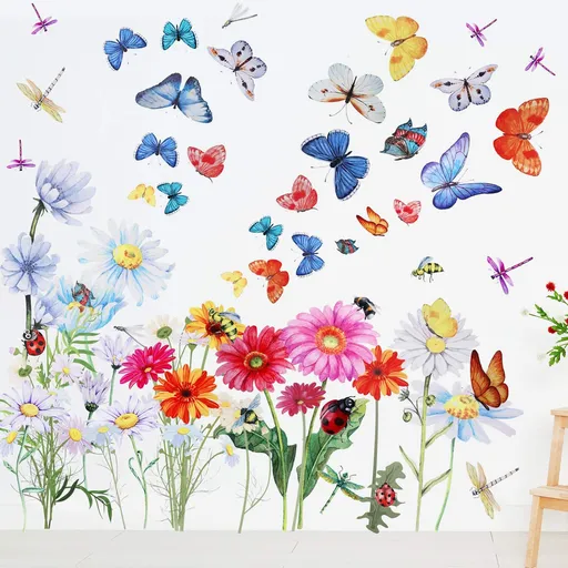Flowers Butterflies Wall Decals Chrysanthemums Dragonflies Wall Sticker Botanical Peel and Stick Art Removable Garden Decal