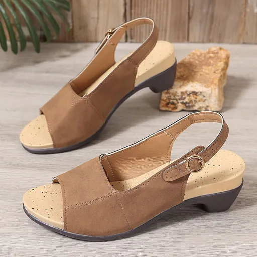 Women Chunky Heel Sandals Buckle Strap PU Rubber Brown 37