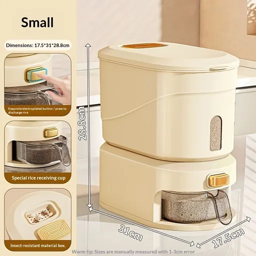 large capacity rice dispenser, measuring cup, time scale, plastic grain storage container, sealed food storage, insect proof food storage, moisture proof food storage, flour storage, pet food storage, Australian kitchen - Creamy - Size 10L