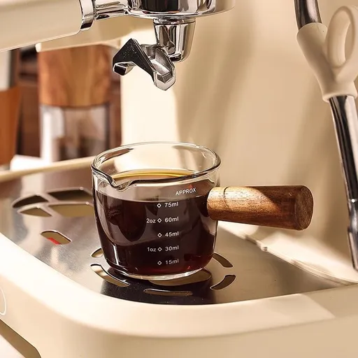 2PCS Handmade 75ml/2.5oz Colored Espresso Shot Glass Double Spouts with Walnut Handle, Coffee Measuring Cup Glass for Barista