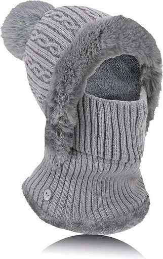 Beanie, Women's Knitted Winter Hat with Pompon, Flexible Ski and Neck Warmer Set, Perfect for Outdoors, Camping, Grey