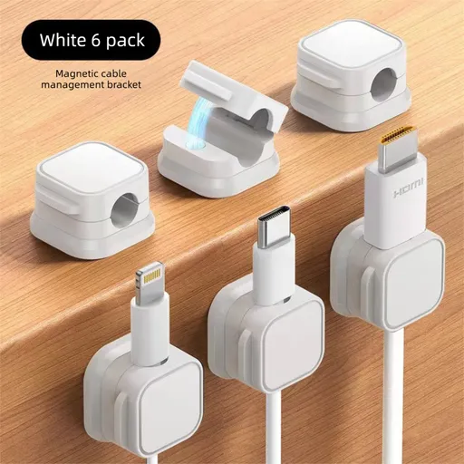 White Magnetic Cable Organiser Clips 6 Pack Desktop Cord Management for Phone Charger USB Cable Holder