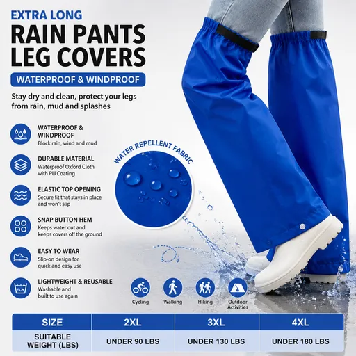 Rain Pants Waterproof Rain Leg Covers Quick Pull-On Adjustable Elastic Top Snap Closure Cuffs Lightweight Reusable Windproof Mudproof 4XL Royal Blue