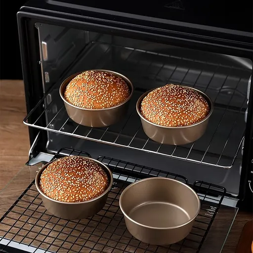 Mini Burger Hot Dog Bun Mold, Stainless Steel Non-Stick Baking Tray for Bread Rolls, 12x12x5cm Gold Baking Form, 1-Pack