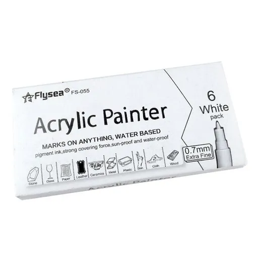 Flysea 12-80 Colours Acrylic Paint Pens Painting Stone Ceramic Glass Markers 0.7 - White*6 Set