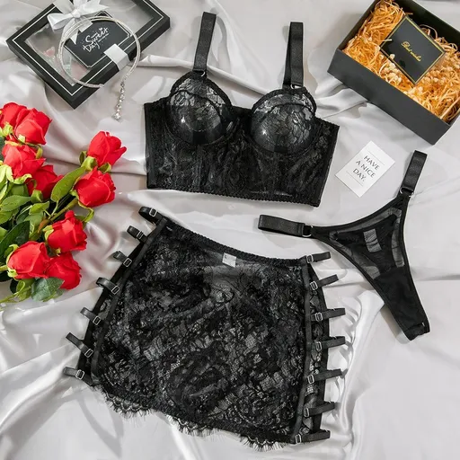 House Of Dasein High Elastic Lace Underwear Seductive 3D Tailored Slim Elegant Fashion Essential Lingerie Set - Black - Xl