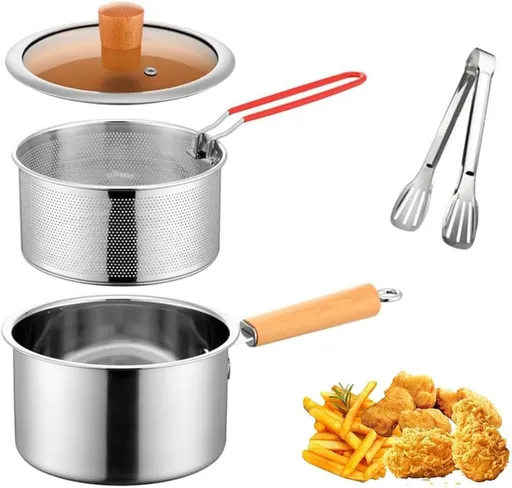 Stainless Steel Deep Fryer Pot with Basket for Tempura, Chips and Fried Foods, Suitable for Induction and Gas Cooktops, Silver