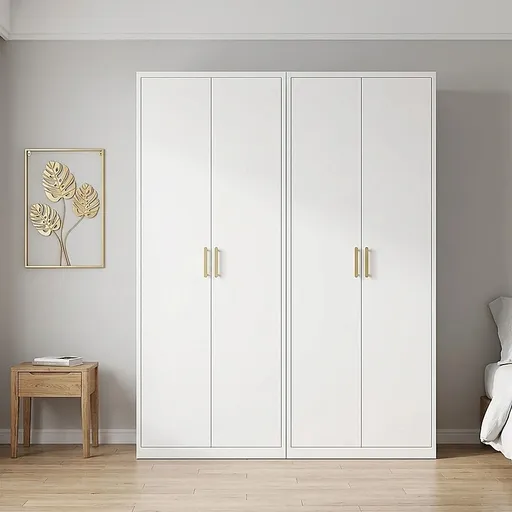 160x240cm 4-Door White Steel Shelf Wardrobe with Gold Handle Storage Cabinet