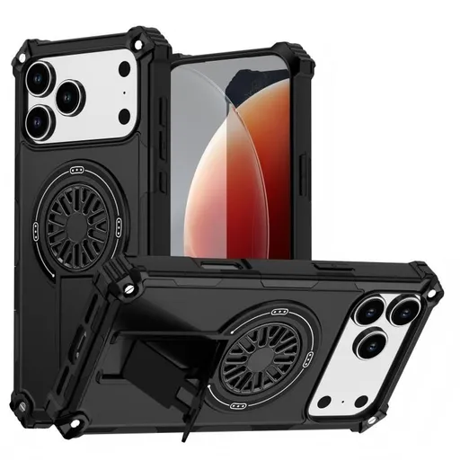 Armor Heavy Duty Magnetic Rotating Ring Kickstand Phone Case For iPhone 16, Anti-Drop Protective Cover In Black