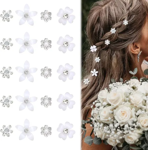 20 Piece Mini Rhinestone Flower Hair Clip Set, Bridal White Accessories