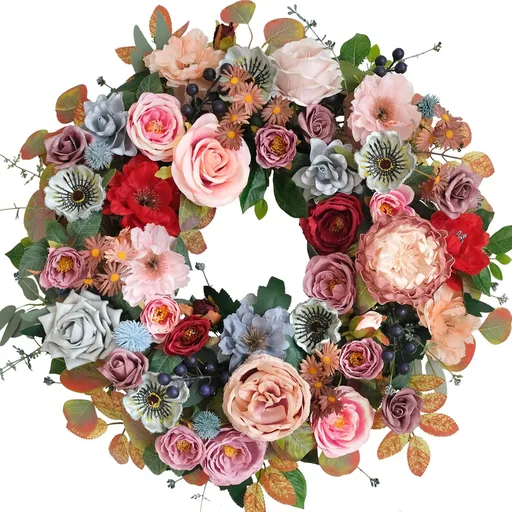 22 Inches Spring Summer Everyday Flower Wreath for Front Door, Artificial Roses Peony Wild Flowers Wreath for Indoor Outdoor, Green Leaves Floral for Home Decor
