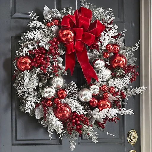 Red and White Flocking Holiday Wreath, swag, Garland, Christmas Wreath for Front Door - Xmas Cordless Wall Hanging Garland Trim for Indoor and Outdoor Decor
