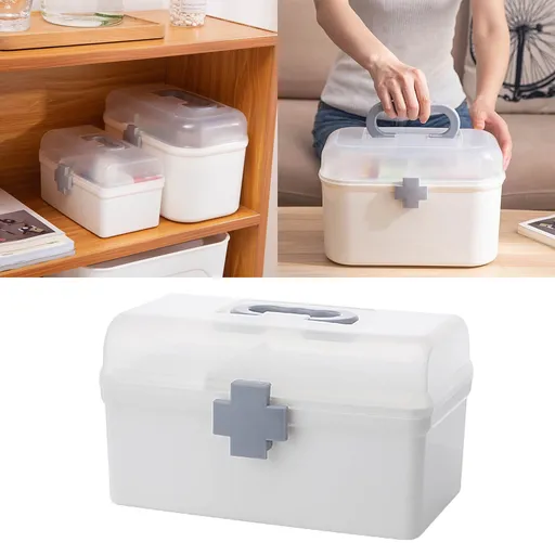 Plastic First Aid Storage Box, Container Bin with Removable Tray and Portable Handle, Family Emergency Medicine Kit Case, White, 21.2 x 12 x 12.5 cm