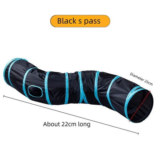 Black S-Pass Cat Tunnel Play Set with Collapsible Design, Interactive Ball & Durable Fabric – Ideal for Indoor Cats to Exercise and Explore
