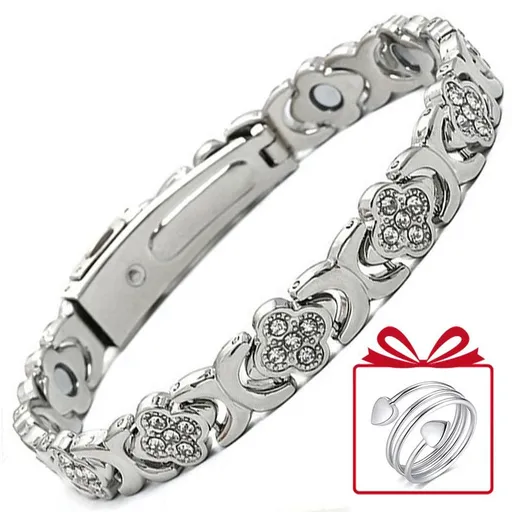 Lucky Clover Magnetic Bracelet with Free Heart Ring Set, Simple Everyday Women's Bracelet - Silver