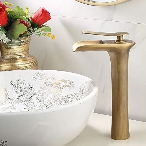 Basin Hot and Cold Water Faucet, Waterfall Type Water Outlet, Antique Brushed Finish – Vintage Bathroom Sink Faucet - Bronze - Size 280mm