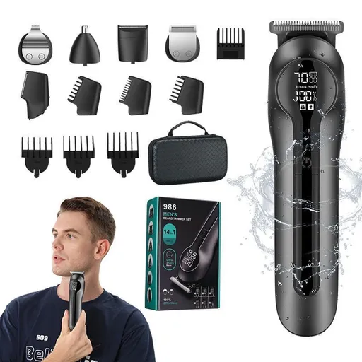 6 in 1 Black Mutifunctional Mens Hair Clipper Set with 6 Safe Heads, Styling Accessories and Storage Box - Rechargable Beard Trimmer Nose Hair Shaver Grooming Kit, Full Body Washable