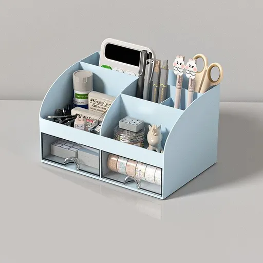 Blue Two Drawer Desktop Stationery Box, Thickened Non-Toxic Organiser, Stable Storage Rack For Well-Arranged Student Work Desks