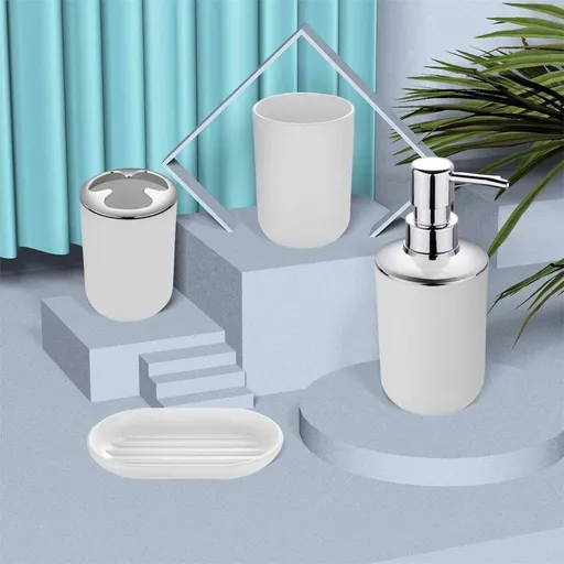 4-Piece Bathroom Accessory Set, Plastic Bathroom Accessory Set, Includes: Soap Dispenser with Chrome Pump, Toothbrush Holder, Tumbler and Soap Dish, for Modern & Contemporary Bathrooms