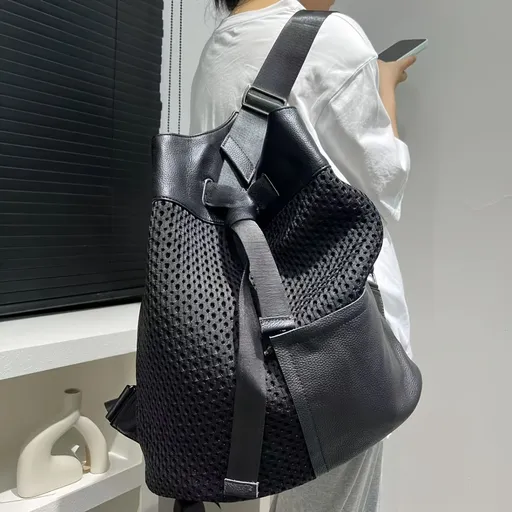 Leather Backpack Mesh Backpack Hybrid Backpack Travel Backpack Stylish Backpack - Black - Size M