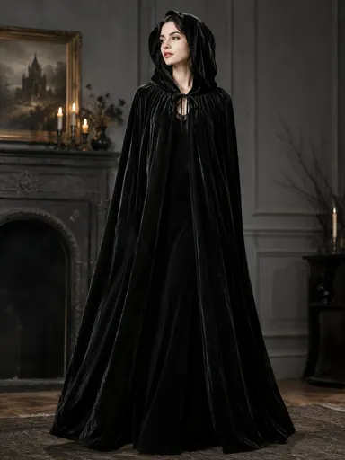 Black Velvet Cape Hooded Cape Cosplay Cape Halloween Costume Cape Party Cape - Black - Size M