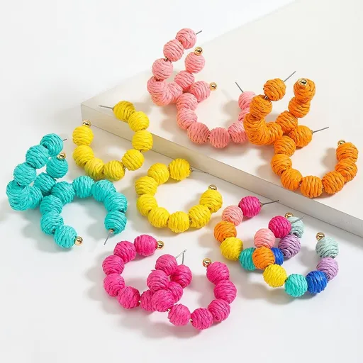 Earrings Earrings for Women Summer Raffia Ball Large Circle Earrings Handmade Straw Wicker Earrings Beach Jewelry