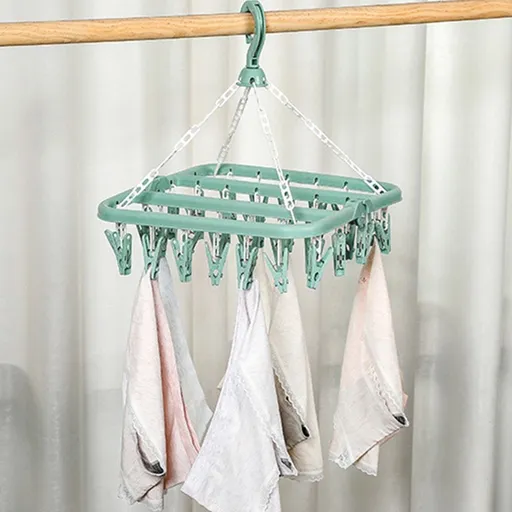 Clothes Drying Rack, Foldable Clip Hanging Rack With 32 Drying Clips, 360° Rotatable Hook For Drying Socks Baby Clothes Towels Gloves